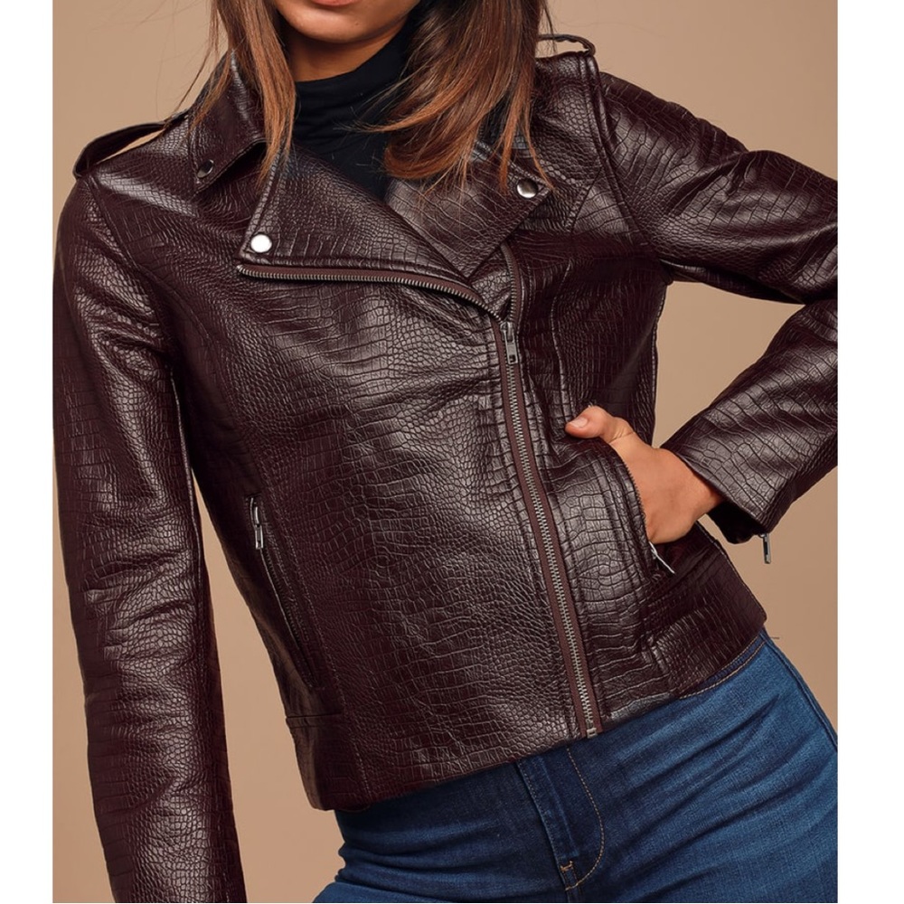 BB Dakota Lucky Lizard Mahogany Vegan Leather Moto Jacket, Size S